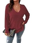 Gemulate Women's Autumn Warm Striped Top Long Sleeve Sweater Casual Loose V Neck Jumpers Plus Size Sweatshirt Female Red XX-Large