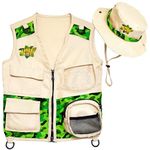 Safari Kidz Outdoor Explorer Kit - Camouflage Cargo Vest and Hat Set, Backyard Nature Adventures, Washable Costume for Boys and Girls … (green)