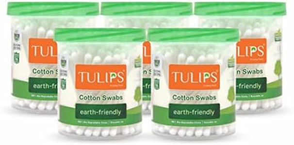 TULIPS Cotton Ear Buds/Swabs (pack of 5) With White PAPER Sticks, 100/200 tips) in a Jar