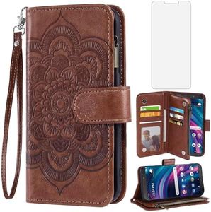 Asuwish Phone Case for Tracfone BLU View 3 B140DL Wallet Cover with Tempered Glass Screen Protector and Flower Leather Flip Credit Card Holder Stand Cell Accessories Blue View3 140DL Women Men Brown