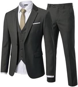 YND Men's Slim Fit 3 Piece Suit Set with Stretch Fabric, One Button Blazer Vest Pants, Solid Party Wedding Dress, Jacket Waistcoat and Trousers with Tie Deep Grey