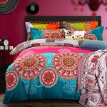 Loussiesd Bohemian Bedding & Linen Single Size 2 Pieces Duvet Cover Decoration Ethnic Vintage Floral Sheet with 1 Pillow Shams Zipper Ultra Soft Microfiber Bohemia Pattern Bedspread Cover