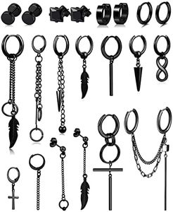 21Pièces Boucles d'Oreilles Créoles Pour Hommes Femmes en Acier Inoxydable Punk Boucles d'Oreille Pendante Croix Plume Zircone Ronde Clous d'Oreilles Cool Chaîne Kpop Boucles d'Oreilles Noir