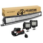 SKYWORLD 32 inch 405W Curved LED Light Bar with 1 Pcs 12V 2 Lead Wiring Harness Cable Kit, 2 Pcs 4 inch 60W Led Work Light for Car Off Road Truck Tractor SUV 4x4 Boat Lightbar, Driving Lamp bar