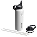 ThermoFlask Double Wall Vacuum Insulated Stainless Steel Water Bottle with Two Lids, 40 Ounce, White