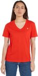 Calvin Klein Jeans Women's CK Embro Badge V-Neck TEE J20J222560 S/S Knit Tops, Fiery Red, M