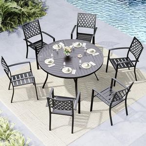 MFSTUDIO 7 Pieces Metal Patio Dining Set, 54" Round Iron Table with 1.75" Umbrella Hole and 6 Stackable Outdoor Metal Chairs, Fishnet Pattern