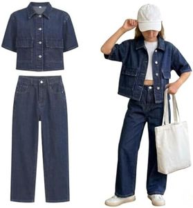 Tenfinordi Girls Two Piece Denim Outfits, Short Sleeve Button-Up Jacket & Straight Leg Jeans Set with Pockets, Girls Trendy Clothes for School Streetwear, Dark Blue Size 11