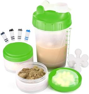 Hydro2Go 16oz Protein Shaker Bottle with Shaker Ball and 2 Storage Jars | BPA-Free Plastic Cup with Clear Measurement Scale | Perfect for Protein Mixes and Pills | Portable Pre-Workout Drink Cup（Green