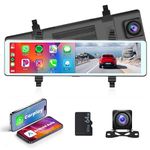 Mirror Dash Cam with Wireless Carplay Android Auto,11.26" Touch Screen Rear View Mirror 1080P Front and Rear View Cameras Voice Control Loop Recording FM Transmitter Parking Assistance DVR