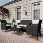 4 Piece Patio Furniture Set, Outdoor Patio Wicker Sofa Set with Upholstery and Glass Table, All Weather Conversation Rattan Sofa for Lawn, Pool, Backyard, Garden, Porch, Black