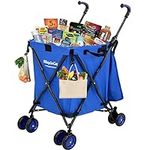 EasyGo Rolling Cart Folding Grocery Shopping Cart Laundry Basket Rolling Utility Cart with Wheels – Removable Canvas Bag - Versa Wheels & Rear Brakes - Easy Folding 120lb Capacity – Copyrighted, Blue