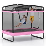 Goplus 6 x 4 FT Rectangle Kids Trampoline, Indoor Outdoor Recreational Trampoline with Swing, Gymnastics Bar & Safety Enclosure Net, ASTM Compliant Gift for Children Boys Girls (Pink)