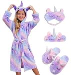 Girls Unicorn Hooded Robe with Matching Slippers, Headband, Blindfold Purple 2-8-9 Years