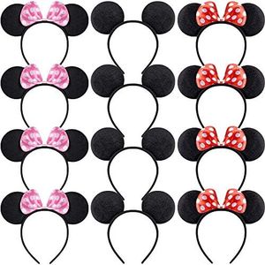 Kaimeilai 12 diademas con orejas de ratón, diademas con lazo rojo rosa y lunares blancos, orejas de ratón en negro, sombreros para niños adultos, cumpleaños, Halloween Navidad