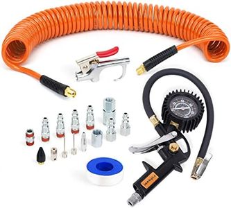 FYPower 18 Pieces Air Compressor Accessories kit, 1/4 inch x 25 ft Recoil Poly Air Compressor Hose Kit, 1/4" NPT Quick Connect Air Fittings, 100 PSI Tire Inflator Gauge, Heavy Duty Blow Gun