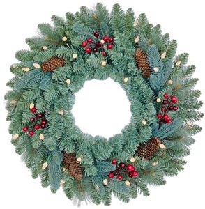 Assilyraft 26 inches Pre-lit Blue Spruce Artificial Christmas Wreath with Red Berries, Pine Cones, 40 C3 Dual-Color Multi-Functional Battery Operated LED Lights with Timer