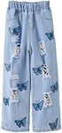 WDIRARA Girl's Butterfly Print Elastic Waist Wide Leg Ripped Jeans Denim Pants Blue 130