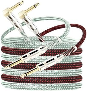 OTraki Electric Guitar Cable 10ft 2 Pack 1/4 Inch TS Instrument Cable Pack Straight to Right Angle Bass Amp Guitar Cord 3 Meter for Keyboard Woven Tweed with 6.35mm Gold Plated Plug Red + Green