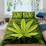 Marijuana Leaf Bedding Set Cannabis Leaves Comforter Cover for Men Adult Marijuana Weed Leaf Printed Duvet Cover Green Nature Bedspread Cover Room Decor 3Pcs with 2 Pillow Case Full Size