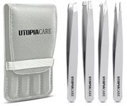 Utopia Care Professional Stainless Steel Tweezers Set (4-Piece) – Precision Tweezers for Ingrown Hair, Facial Hair, Splinter, Blackhead and Tick Remover - Silver