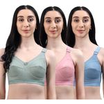 BELLA BEAUTY Comfortable Cotton Blend Bra: Soft, Supportive, & Stylish for Everyday Wear - Stretch Full Coverage Everyday Bra - Adjustable Straps - Pack of 3 - Color - Blue, Grey, Pink - Size - 36