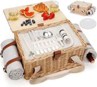 HappyPicnic Picnic Basket for 2, Handmade Wicker Picnic Set with Folding Table and Waterproof Blanket, Large Insulated Picnic Basket with Wine Bag & Cutlery Kit for Picnic, Camping, Holidays (Flower)