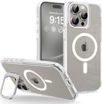 Elzzi Classic Series iPhone 15 Pro Max Case Compatible with MagSafe Built-in Camera Stand Phone Cover Transparent Military-Grade Protective Drop Protection Non Yellowing Hard PC +TPU, White