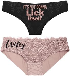 Funny Panty Sayings - SET OF 2: Rose Gold Lick Itself Black Lace Inset Thong & Black Wifey Light Taupe Lace Front Bikini Panty - Naughty Panties - Large - Panty Set(RGLckBLK BLKWfyLTp)Lrg