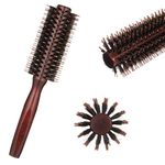 Firtink 1 Pack Boar Bristle Round Brush Round Hair Brush, Wooden Handle Styling Brush Anti Static Quiff Roller Hair Comb for Men and Women, Straightening and Curling, Wet and Dry Hair