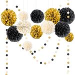 NICROLANDEE Black Gold Party Decorations, 15 PCS Tissue Paper Pom Poms Kit for Wedding, Birthday, Engagement, Neutral Baby Shower, Bridal Showers, Paper Garland Flowers New Years Eve Party Wall Decor