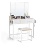 VASAGLE Vanity Set with Mirror and Stool, Makeup Vanity with Tri-Fold Mirror, 3 Drawers, Brush Holder, Industrial Style, White URVT004W14