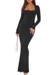 REORIA Women's Basic Sexy Square Neck Long Sleeve Bodycon Maxi Dress Casual Ribbed Soft Lounge Dresses, Black, Medium