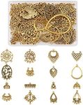 Bestewelry 64Pcs Tibetan Antique Gold Chandelier Charms 16 Styles Vintage Filigree Hollow Links Charms with Loops Findings for Dangle Earrings Connector Components Jewelry Making