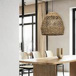 WalmHomie 1 Light Handmade Pendant Lights Seagrass/Iron Woven Rattan Pendant Lamp Chandelier for Farmhouse Coastal, 13.78"*13.78"