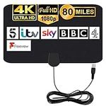 MILIWAN TV Aerial Indoor TV Aerial - 80 Miles Digital HDTV Antenna Freeview TV Antenna VHF UHF 4K 1080P for Local Channels Support ALL Television – 12.2 FT Coax Cable