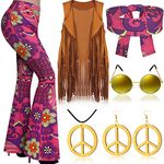 Haull 7 Pcs 60s 70s Outfits for Women Hippie Costume Set Boho Flared Pants Fringe Vest Peace Sign (Exotic,X-Large)