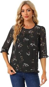 Allegra K Women's Casual Ruffle 3/4 Sleeve Floral Print Chiffon Blouse Black X-Large