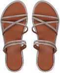 OYOANGLE Women's Rhinestone Strappy Open Toe Slide Sandals Slip on Casual Flat Sandals Coffee Brown 7.5