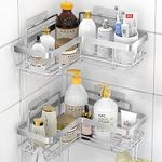 DIFULI Corner Shower Caddy Silver, No Drill Shower Shelf Corner, Shower Organiser with Adhesive, Rustproof Stainless Steel Shampoo Holder Bathroom Shelf Shower Bathroom Organizer Accessories