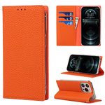 Copmob iPhone 13 Pro Max Case, Genuine Leather Flip Wallet Leather Case, [3 Slots][Magnetic Closure][RFID Blocker], Flip Case Cover for iPhone 13 Pro Max – Orange