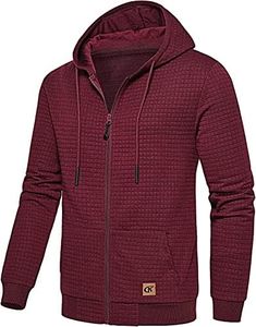 Men's Jacquard PlaidCloth Lightweight Zipper Hoodie Sweatshirt Jacket, Burgundy, Small