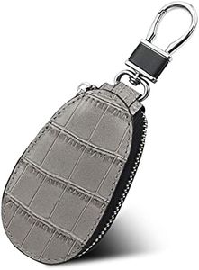 LUCKYCOIN Car Key Case Crocodile Pattern Top Grain Leather Universal Key Fob Holder Bag with Key Chain Metal Hook-Gray