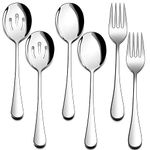 Homikit Stainless Steel 2 Large Serving Spoons, 2 Slotted Serving Spoons, 2 Big Serving Forks, 6-Piece Metal Buffet Banquet Catering Restaurant Serving Spoon Fork Utensils Hostess Set, Dishwasher Safe