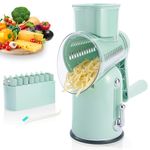 ENERGEVITY Manual Rotary Cheese Grater with Handle, 5 in 1 Replaceable Stainless Blades Cheese Shredder,Strong Suction Base Vegetable Slicer with Cleaning Brush & Bonus Storage Box for Blades (green)