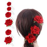 6PCS Women Red Rose Flower Hairpins Hair Fork Clips U Shaped Bridal Head Bobby Pins Sticks Floral Clips Mexican Hair Rose Barrettes for Wedding Party Dance Birthday