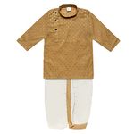 superminis Boy's Cotton Kurta with Dhoti - Golden Thread Work, Round Collar, Full Sleeves, Side Button Kurta Set for Ethnic Wear (Cream, 3-6 Months)