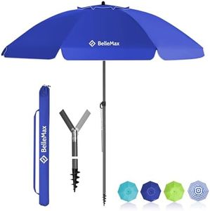 BelleMax Sonnenschirm Strand Windfest Stabil 180 cm Blau Sonnenschirm mit Bodenhülse & Schutzhülle 30° knickbar Sonnenschirm klein Rund Strandschirm Gartenschirm Marktschirm Sonnenschutz UV50+