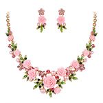 Ever Faith Women's Crystal Simulated Pearl Pink Rose Flower Leaf Necklace Pierced Earrings Set Gold-Tone