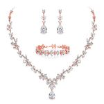 EVER FAITH Bridal Jewelry Set for Bride Bridesmaid, Rose Gold Plated Flower Leaf White Cubic Zirconia Necklace Earrings Bracelet Set for Wedding Party